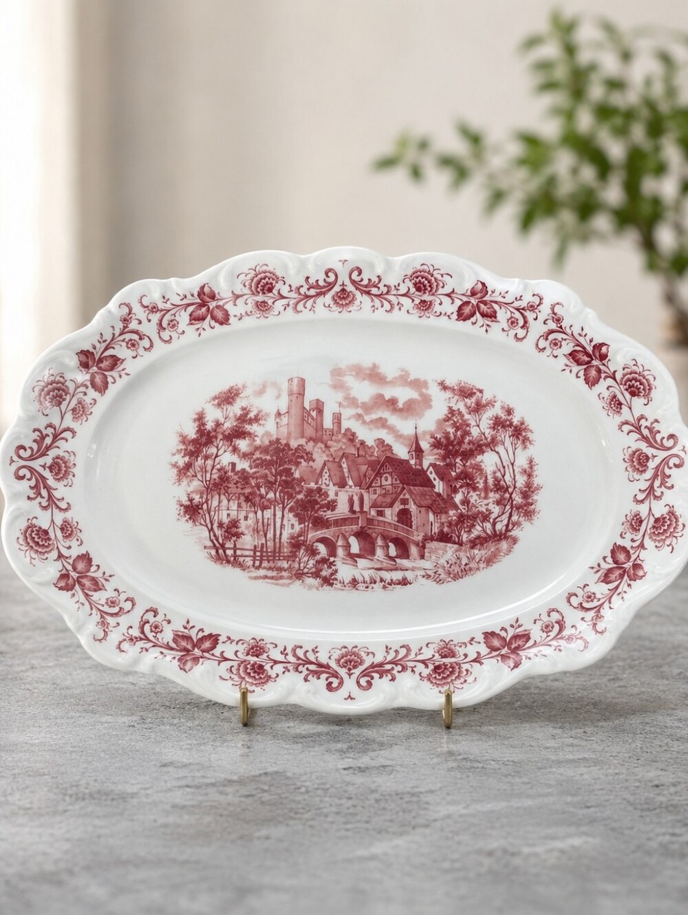 Schumann Porzellanfabrik Red Transferware Serving Platter
